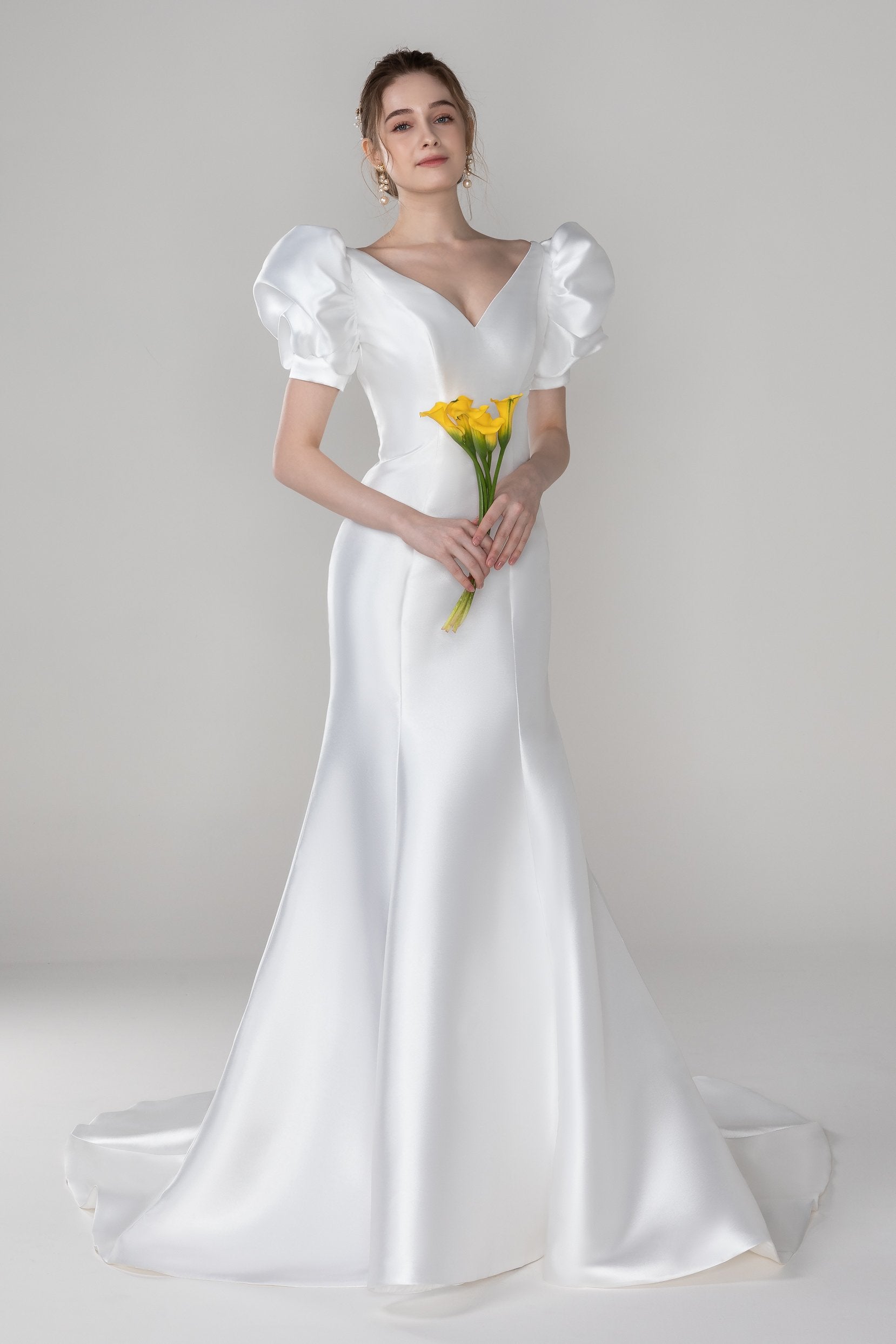 off-the-shoulder mikado trumpet wedding dress Trumpet V-neck Puff Sleeve Mikado Wedding Dress Bowknot COCOMELODY CW2523, 45 Days / Ivory / Custom Size