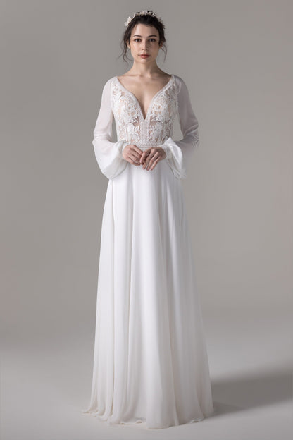 A-Line Floor Length Lace Chiffon Wedding Dress CW2778