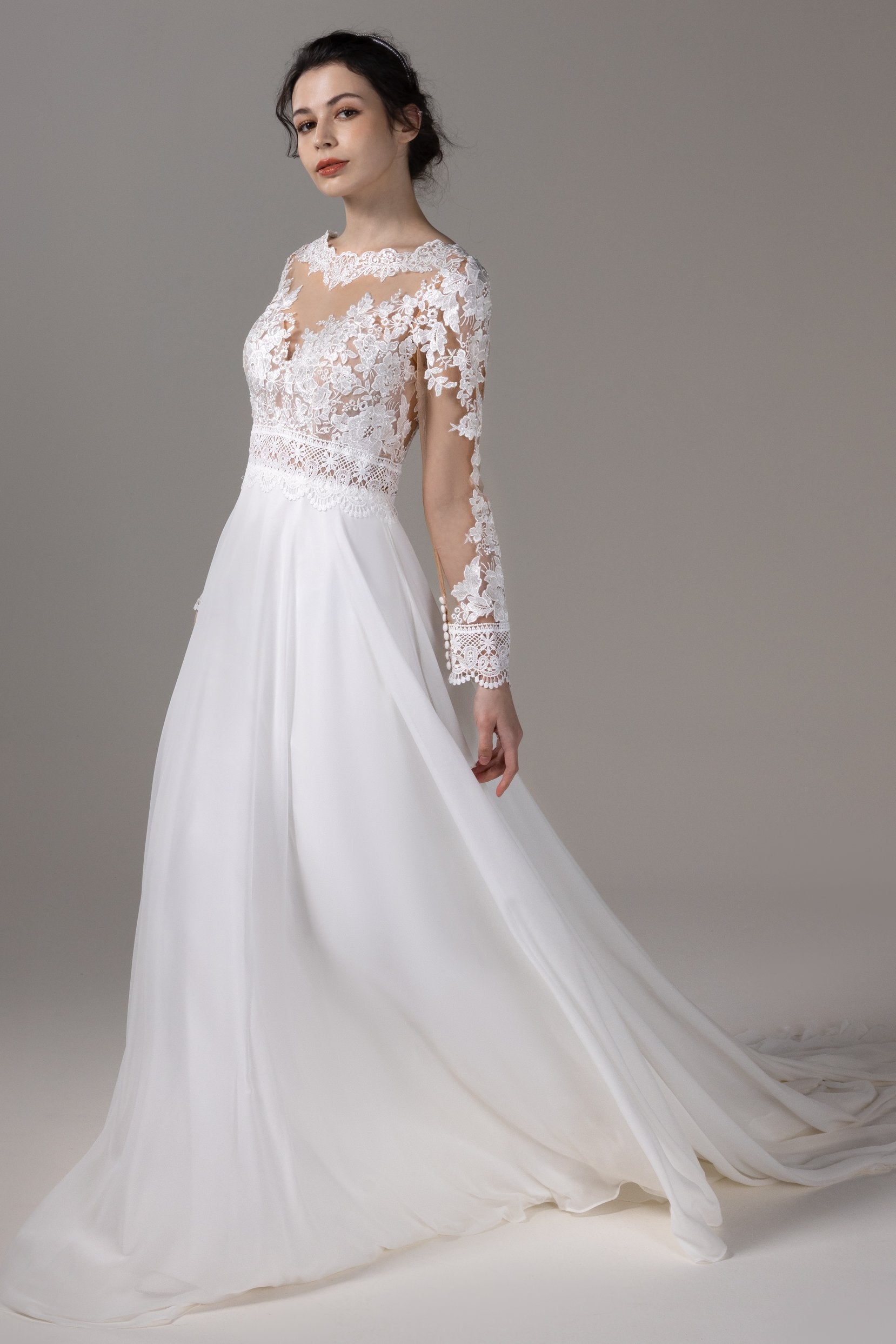 A-Line Lace Chiffon Long Sleeves Wedding Dress Appliques COCOMELODY CW2830, 35 Days / Ivory / Custom Size A-Line Lace Chiffon Long Sleeves Wedding Dress Appliques COCOMELODY CW2830, 35 Days / Ivory / Custom Size