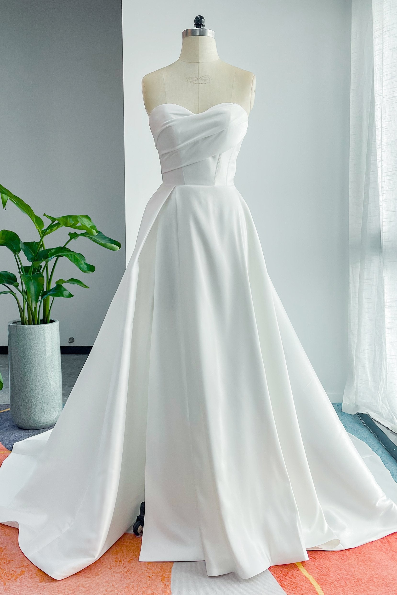 A-Line Court Train Mikado Elegant Wedding Dress Sweetheart Bridal Gown with Pleats Slit COCOMELODY CW3124, 35 Days / Ivory / Custom Size
