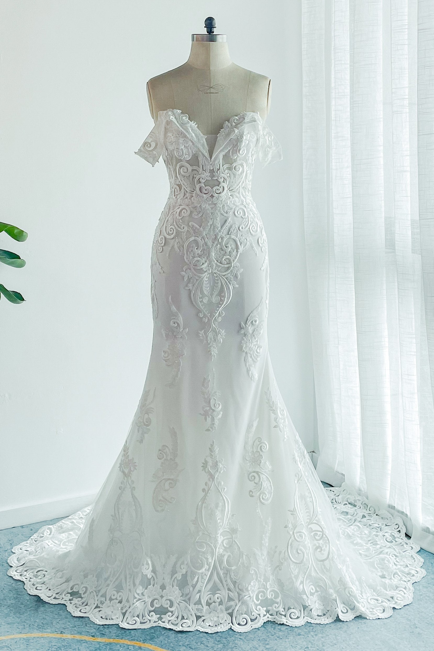 mermaid wedding dress with off the shoulder straps Trumpet-Mermaid Chapel Train Lace Tulle Wedding Dress COCOMELODY CW3149, 45 Days / Ivory / US4-UK6-EUR34