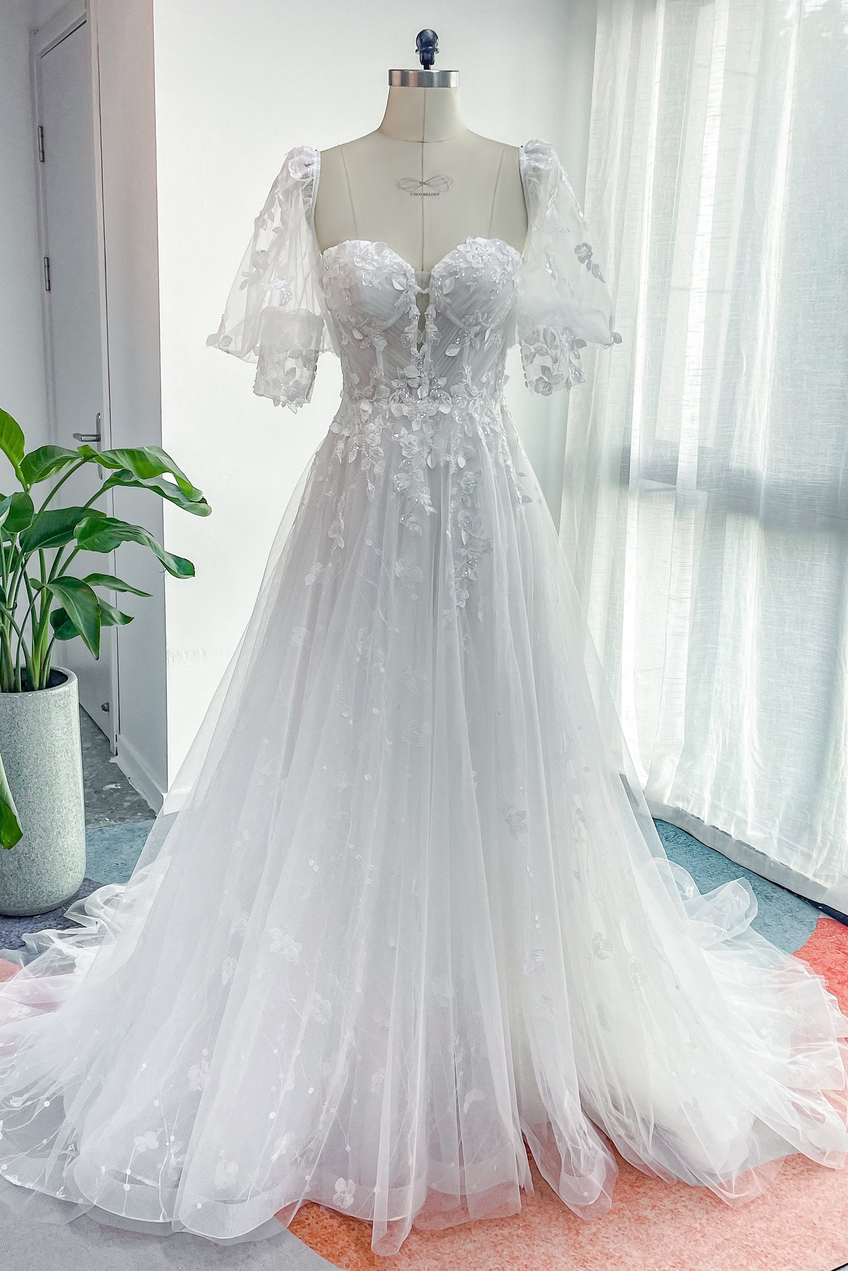 A-Line V-Neck Natural Court Train Lace Tulle Wedding Dress