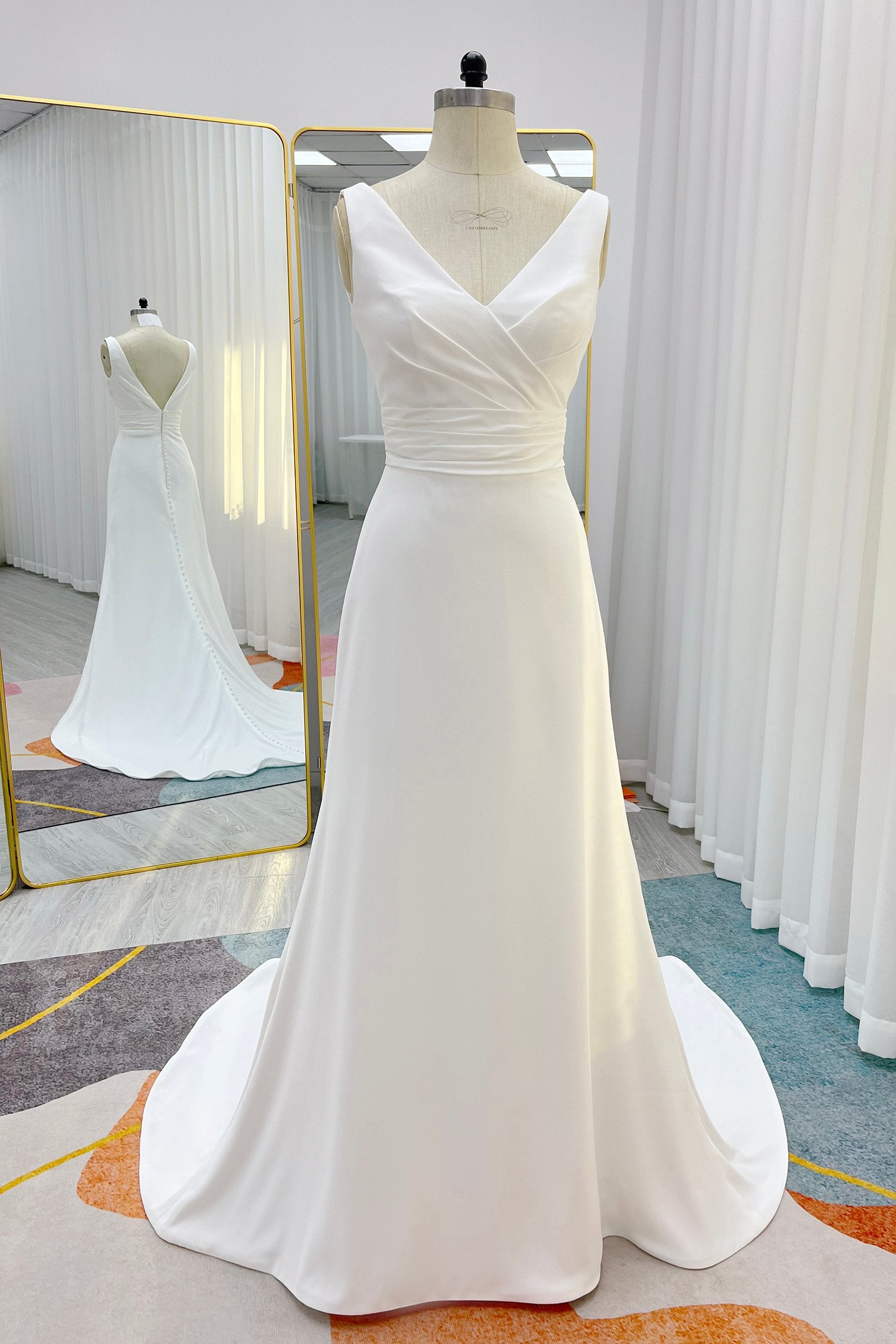 A-Line V-Neck Natural Court Train Crepe Wedding Dress COCOMELODY CW3231, 35 Days / Ivory / US20-UK22-EUR50 A-Line V-Neck Natural Court Train Crepe Wedding Dress COCOMELODY CW3231, 35 Days / Ivory / US20-UK22-EUR50