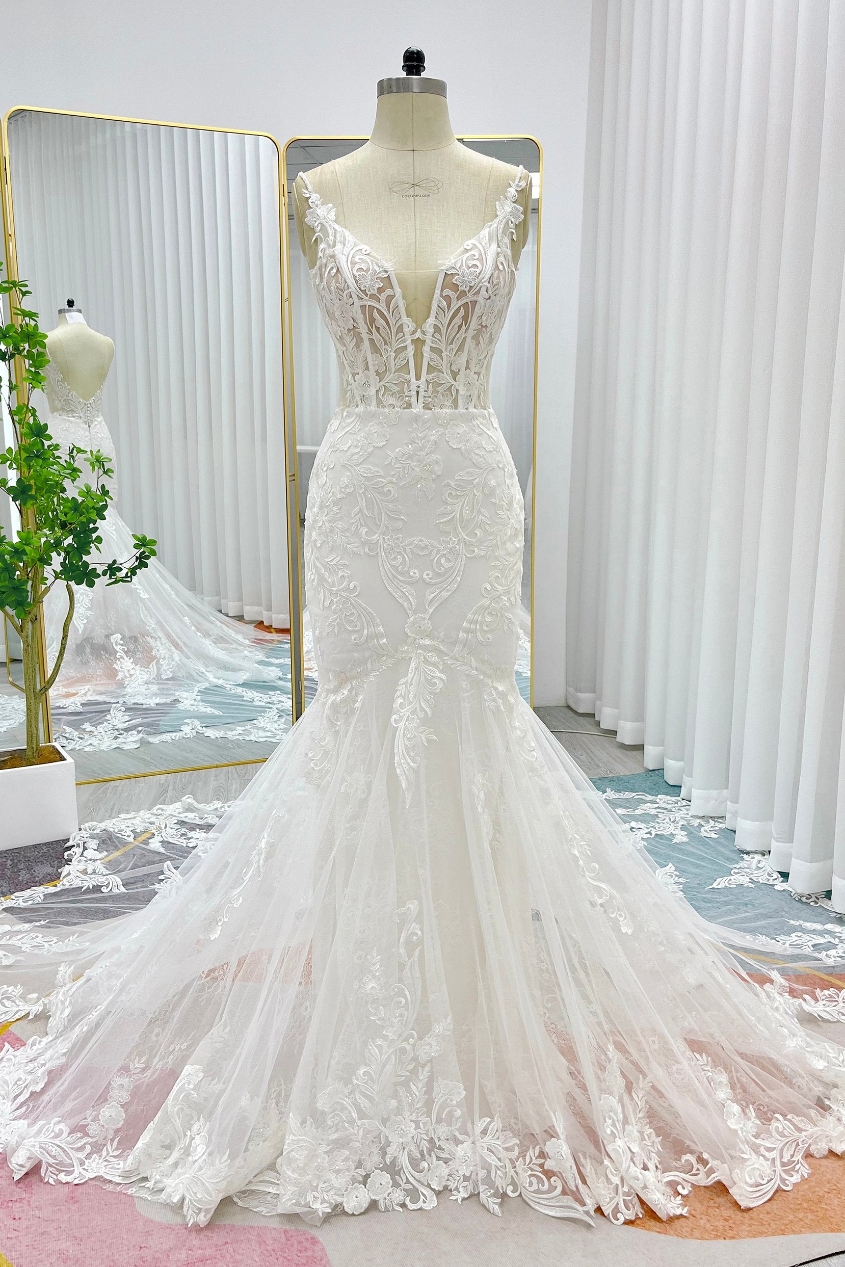 Trumpet-Mermaid Cathedral Train Lace Tulle Wedding Dress COCOMELODY CW3256, 45 Days / Ivory / US6-UK8-EUR36