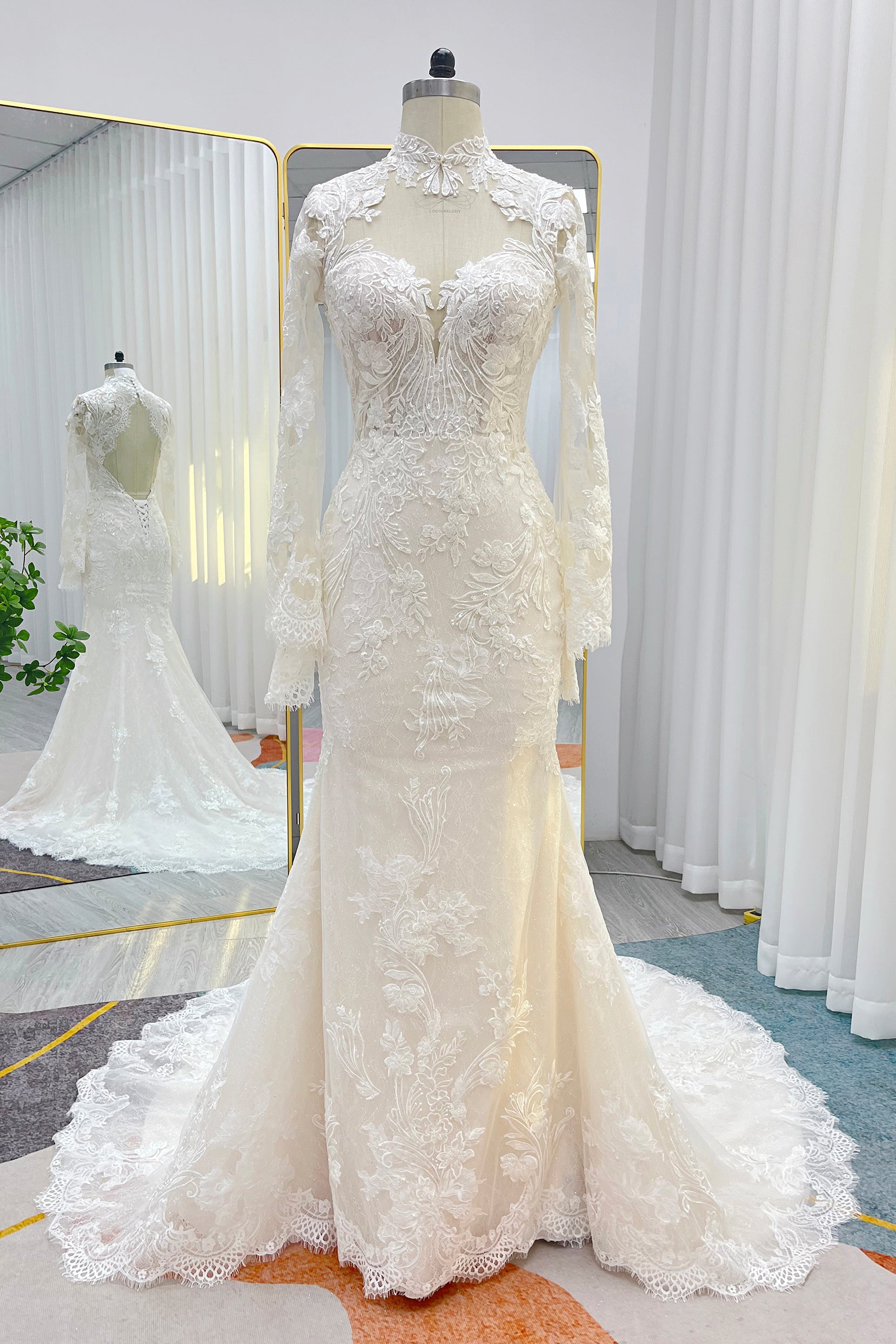 slim fit dress slacks Mermaid High Neck Chapel Train Lace Tulle Bell Sleeve Wedding Dress COCOMELODY CW3257, 45 Days / As Picture:Ivory/Sand / US22-UK24-EUR52