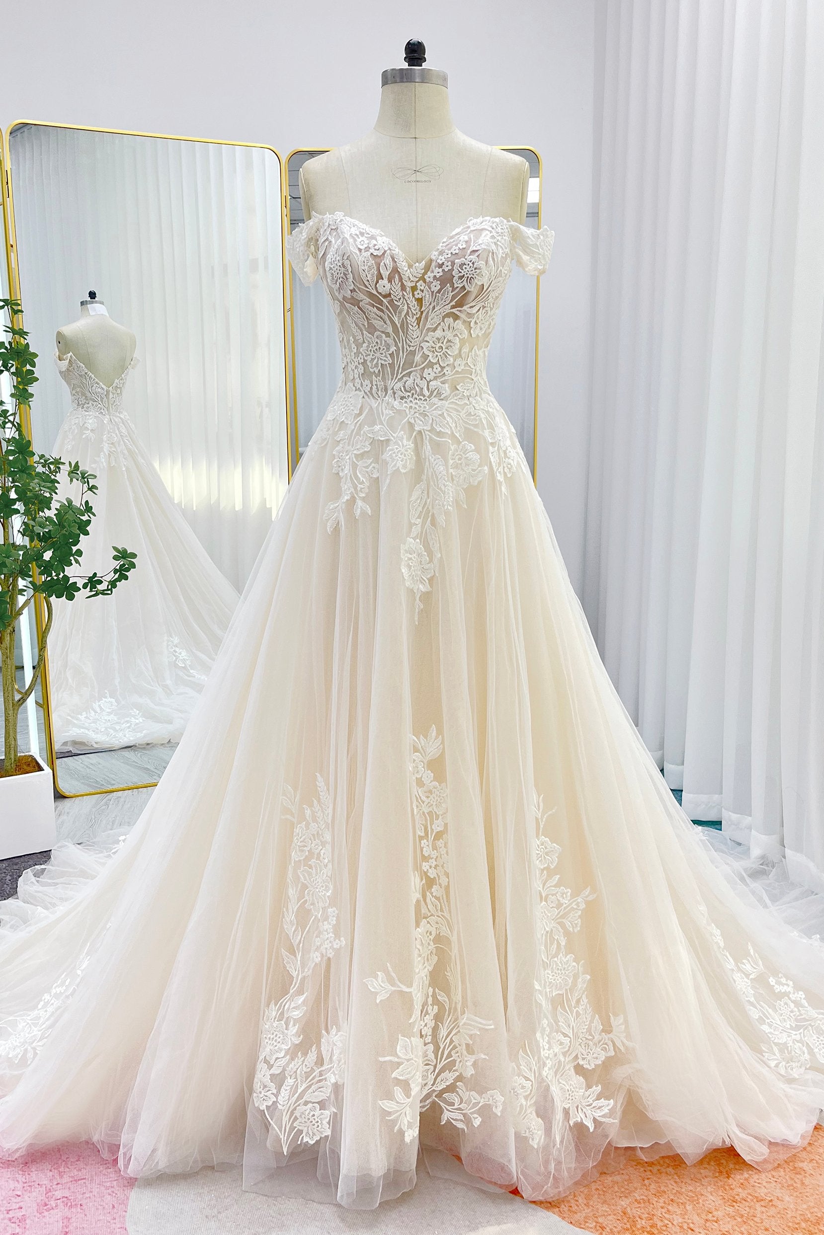 Elegant A-Line Off The Shoulder Lace Wedding Dress Chapel Train COCOMELODY CW3278, 45 Days / As Picture:Ivory/Nude / US10-UK12-EUR40 Elegant A-Line Off The Shoulder Lace Wedding Dress Chapel Train COCOMELODY CW3278, 45 Days / As Picture:Ivory/Nude / US10-UK12-EUR40