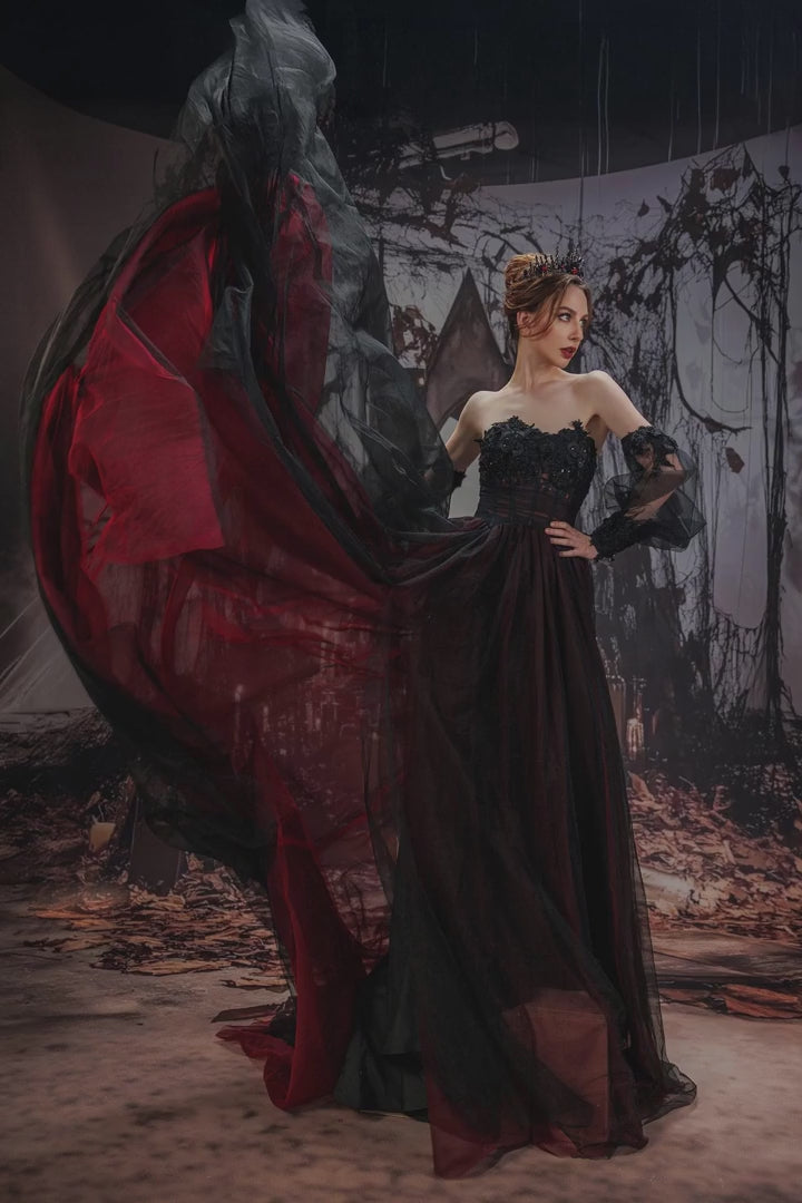 open lace back dress Gothic Red Black Wedding Dress Long Sleeve with Lace Applique Beaded Red Black / US16W