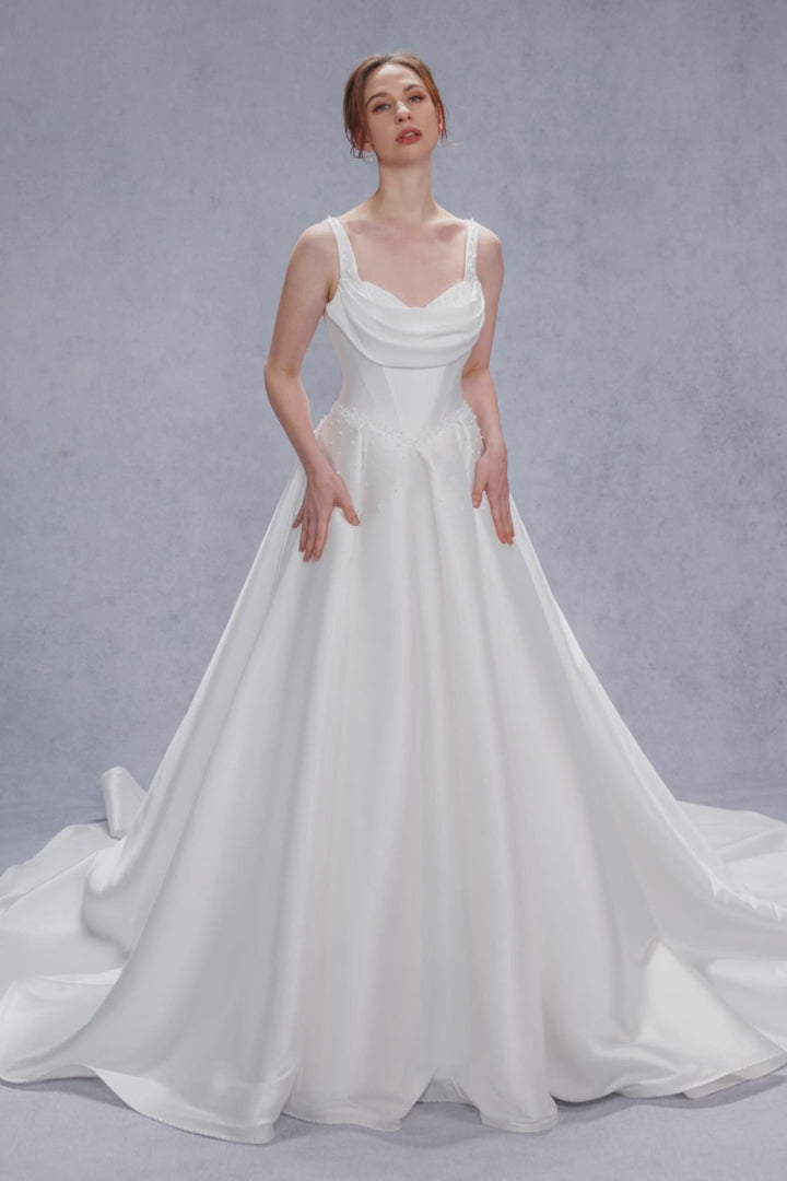 COCOMELODY A-Line Court Train Mikado Vintage Wedding Dresses CW3535, 45 Days / Ivory / US18-UK20-EUR48