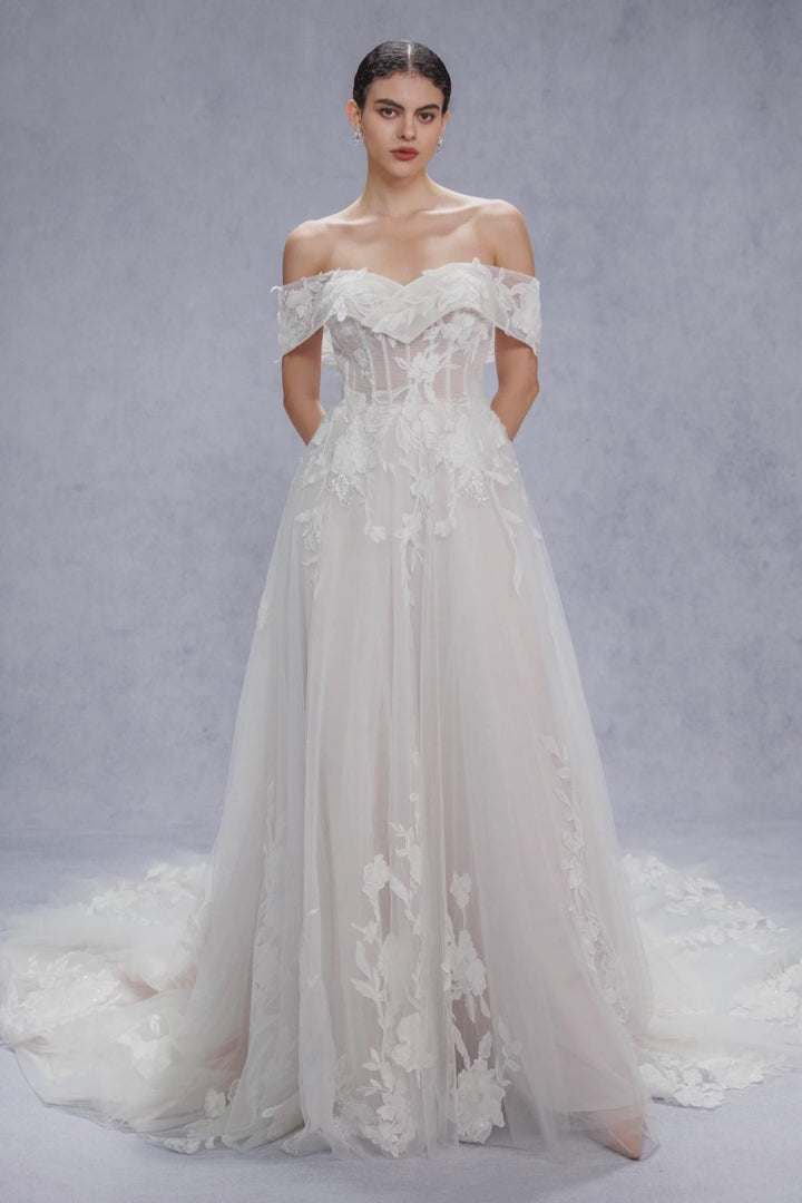 COCOMELODY A-Line Court Train Lace Tulle Elegant Wedding Dresses