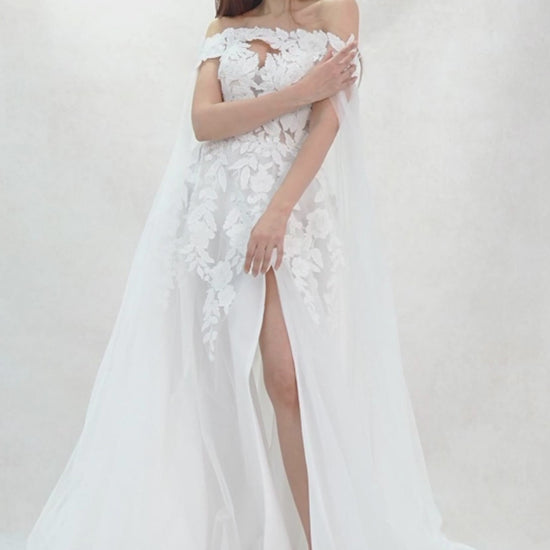 A-Line Sweep-Brush Train Tulle Wedding Dress CW3590 - COCOMELODY