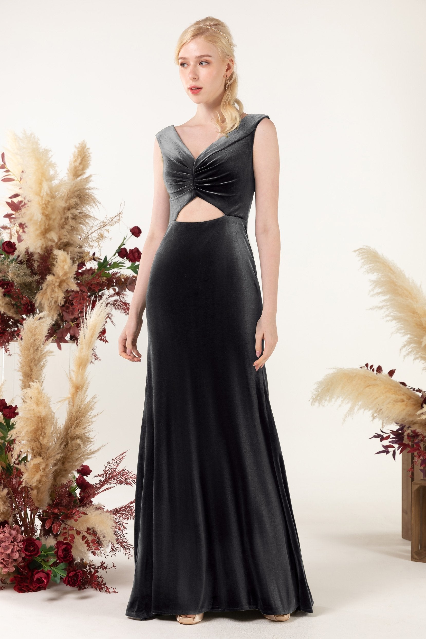 Trumpet-Mermaid Sweep-Brush Train Velvet Bridesmaid Dress COCOMELODY CB0521, Navy