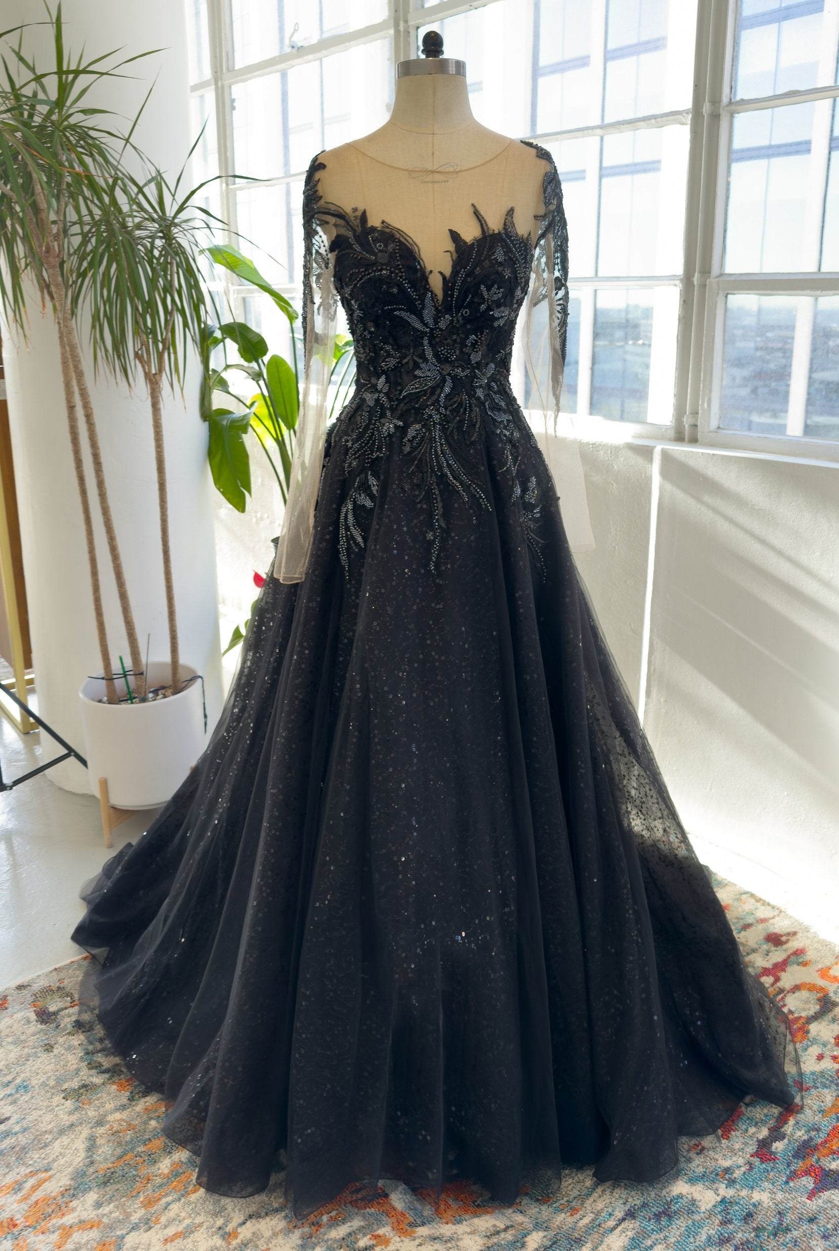 A-Line Court Train Sparkle Tulle Long Sleeve Wedding Dress