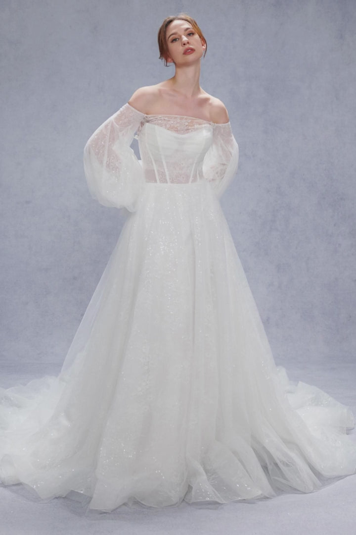 A-Line Court Train Lace Tulle Wedding Dress CW3337 - COCOMELODY