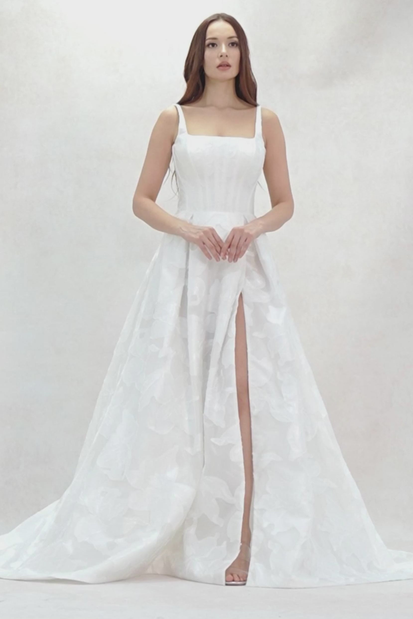 A-Line Court Train Jacquard Satin Wedding Dress CW3621 - COCOMELODY
