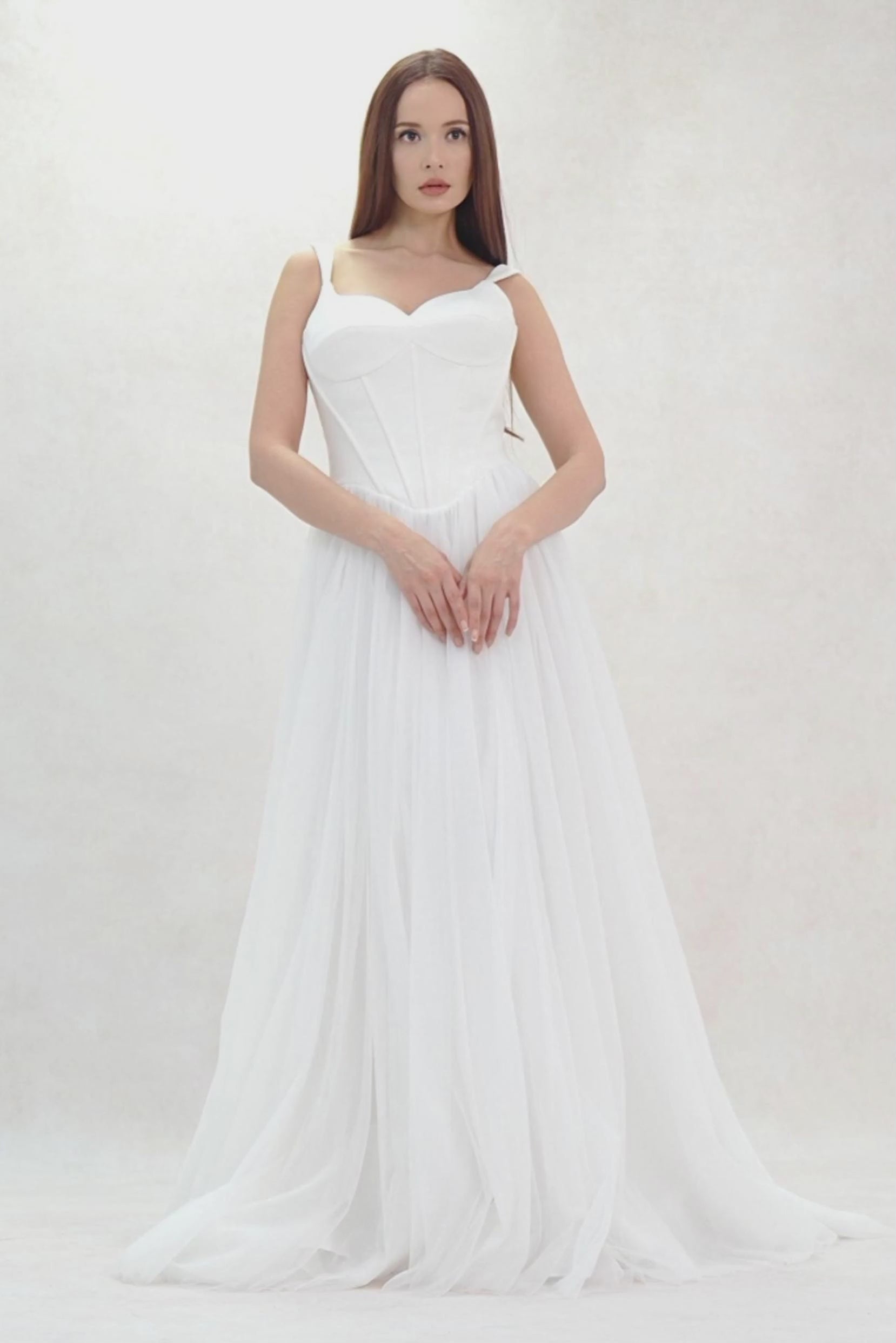 A-Line Sweep-Brush Train Stretch Satin Tulle Wedding Dress CW3595 - COCOMELODY