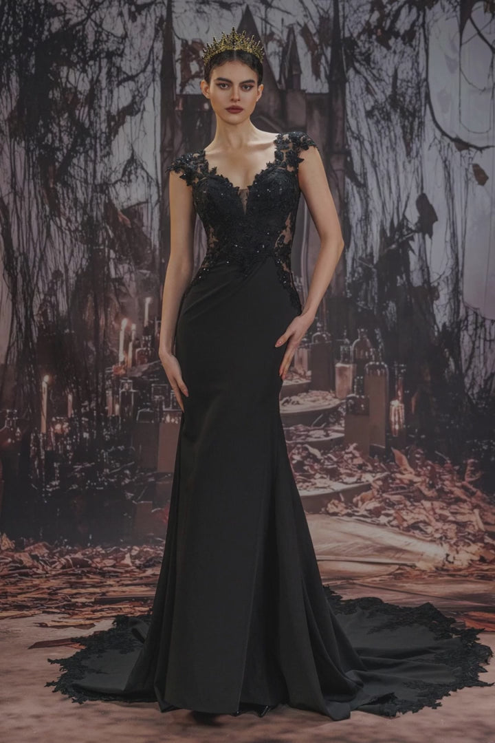 COCOMELODY Trumpet-Mermaid Chapel Train Stretch Satin Lace Black