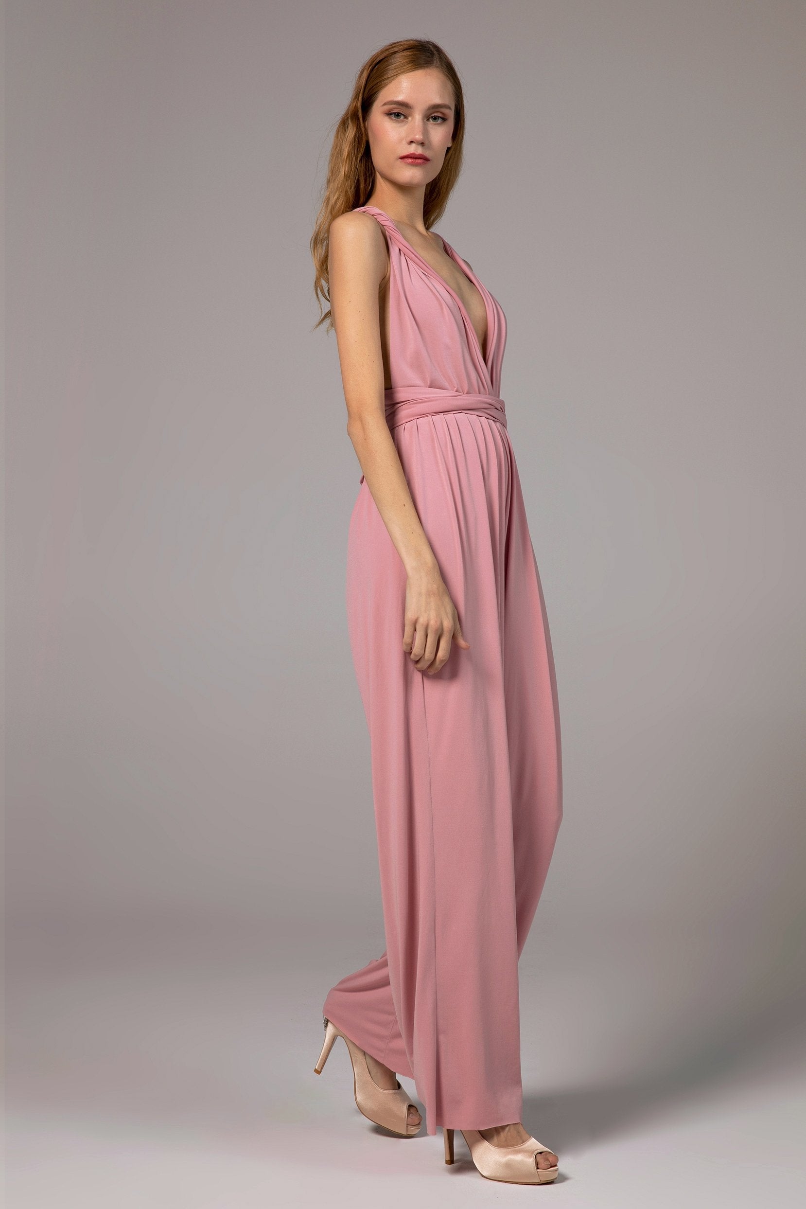 bridesmaid dresses jumpsuits Elegant Halter Ruched Satin Jumpsuits For Bridesmaids With Pockets main image 0